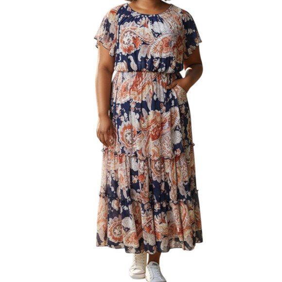 Kate & Lily Navy and Pink Ruffle Boho Maxi Dress - Size 14 - Picture 1 of 13